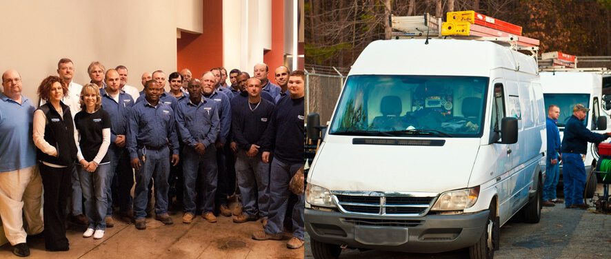 Two images of Art Plumbing workers - one in the office and another by a work vehicle